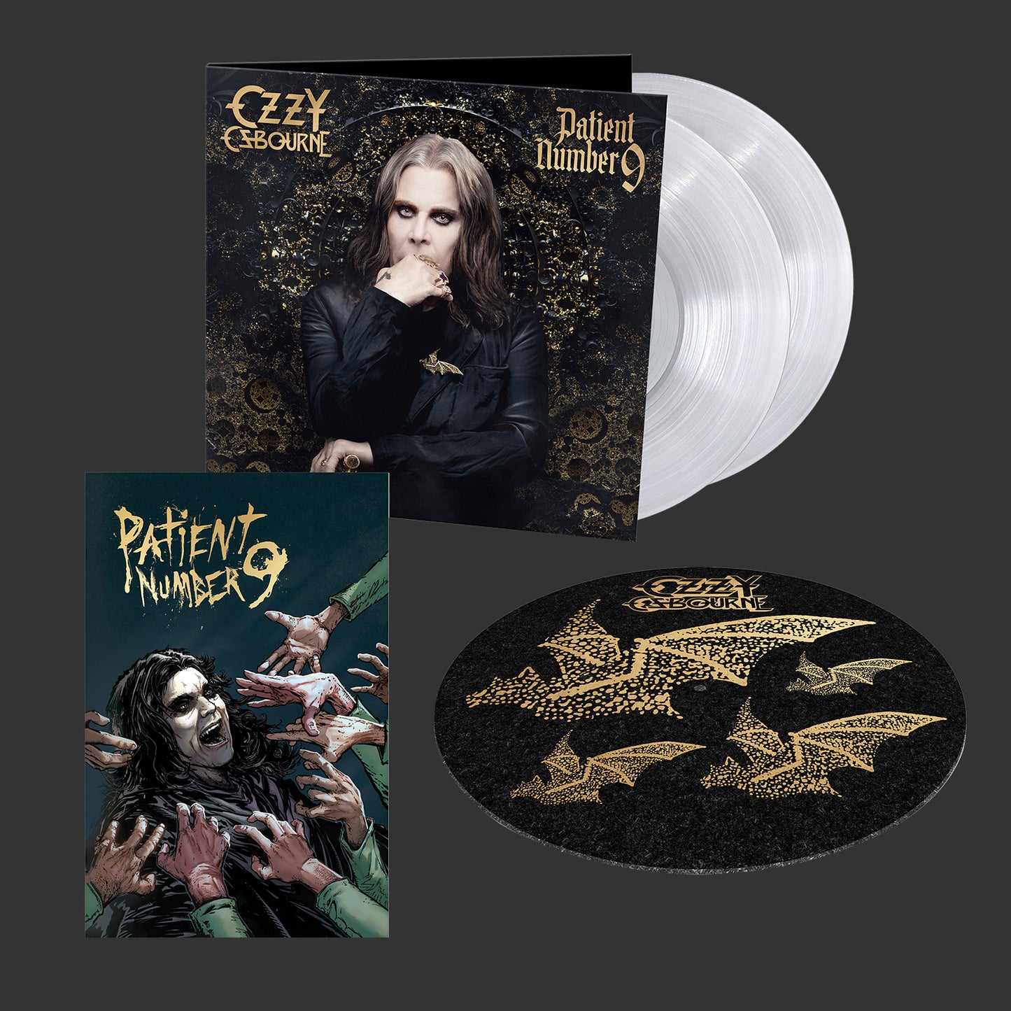 D2C Exclusive 2-LP Crystal Clear vinyl in a special gold embossed Gatefold Package with vinyl slipmat + Limited edition Ozzy Osbourne Patient Number 9 comic book designed by Todd McFarlane.